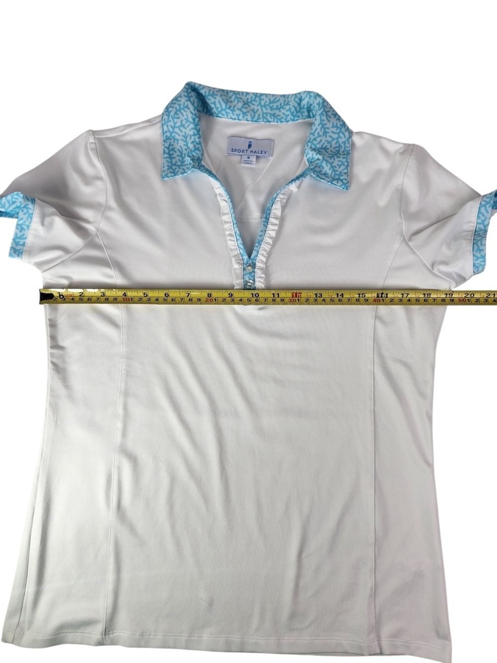 Sport Haley Golf Polo Shirt Womens Medium White Aqua Coral Trim Ruffle Stretch - Picture 11 of 12